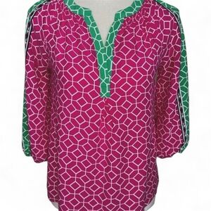 3/$20 Crown & Ivy Boho Pink & Green Geo Print Peasant Tunic Top Smocked V-neck
